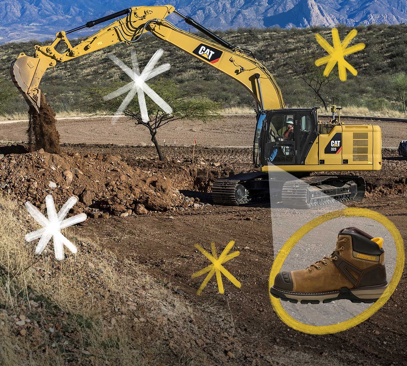 Une pelle mécanique CAT jaune creuse la terre. Mettez en valeur une chaussure de sécurité CAT Work.