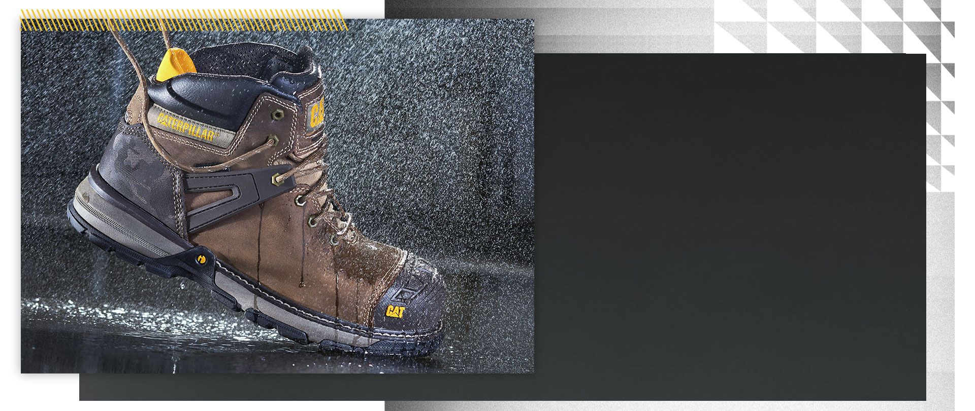 Un gros plan sur une chaussure de travail CAT imperméable.