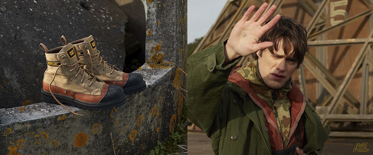 A collage of a person with a pair of CAT Nigel Cabourn Casual Boots.