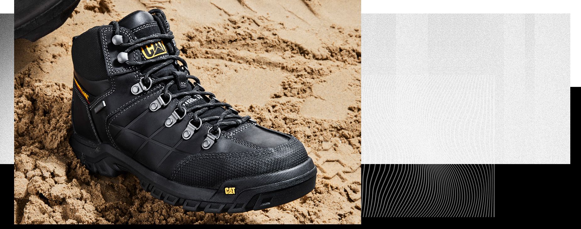 CAT Footwear black Men's Threshold waterproof work boot on sand.