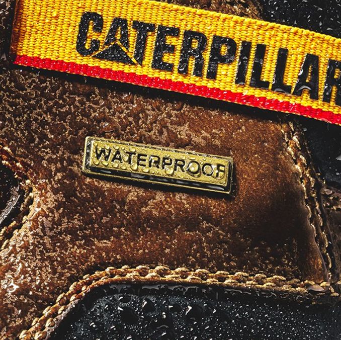 Close-up of shoe from the side that says waterproof.