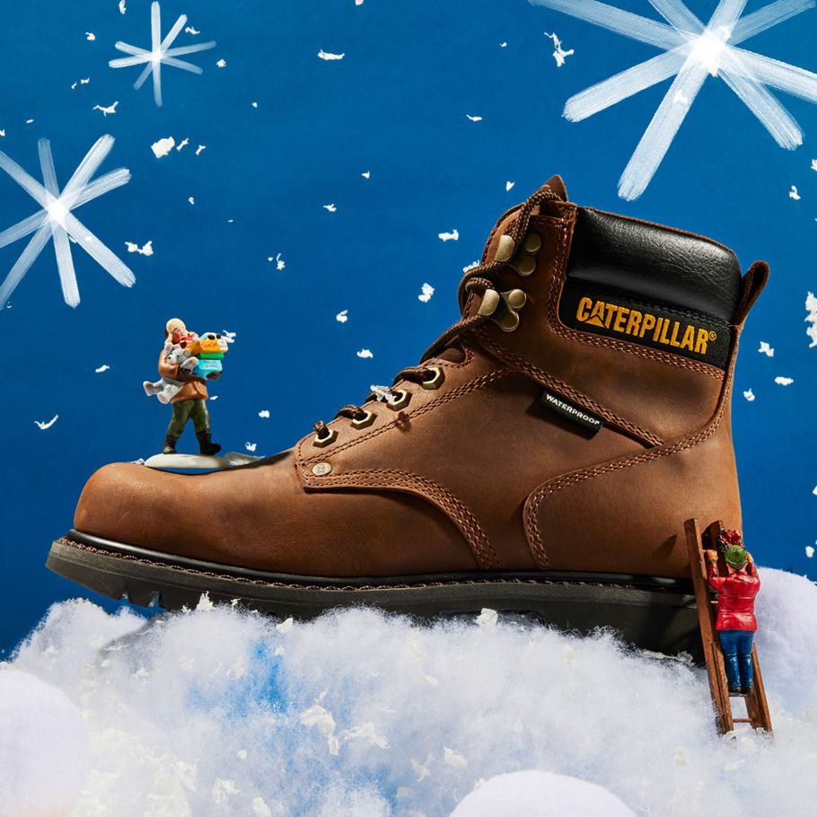 Cat boot in miniature snow scene.