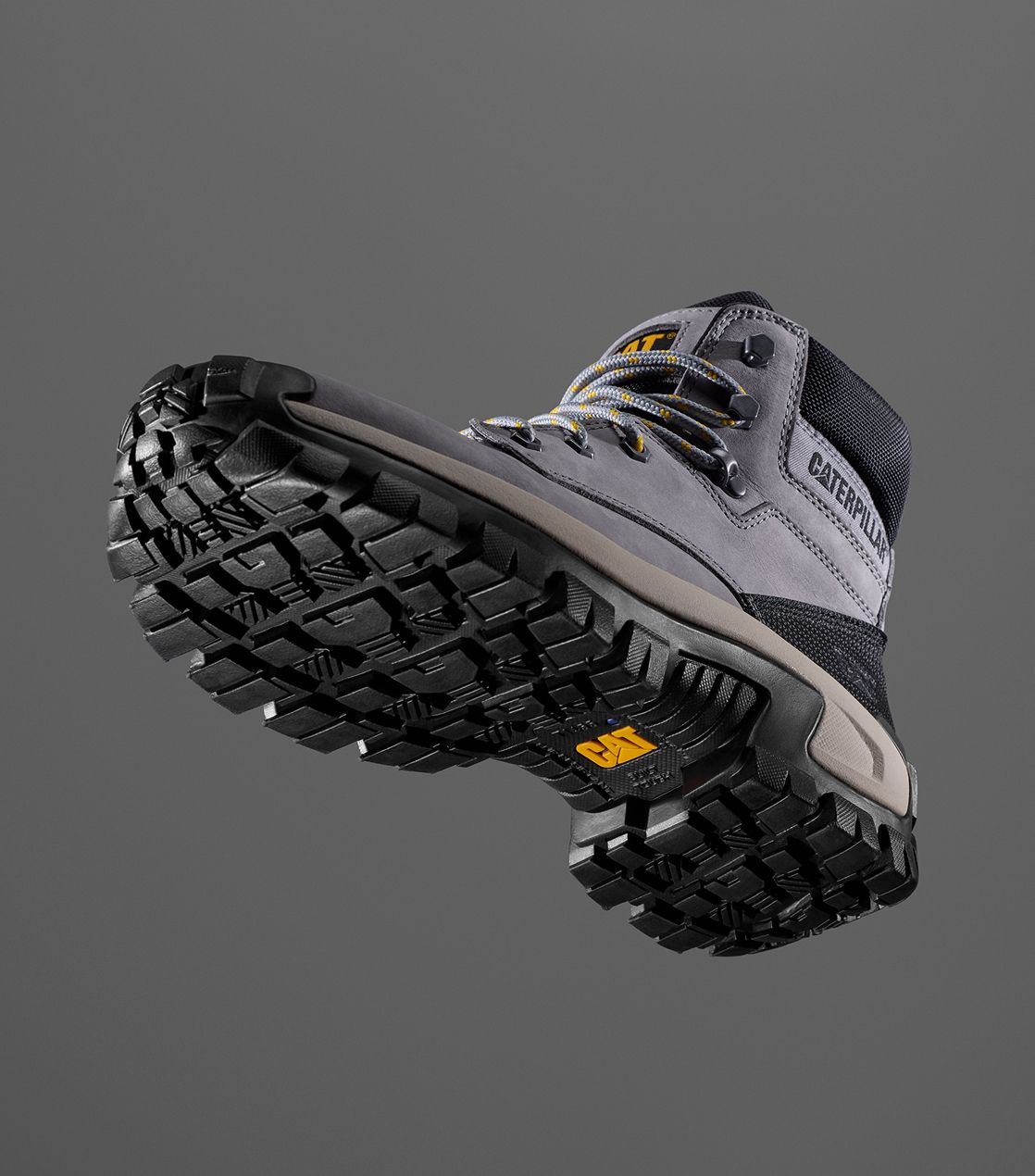Grey boot from below.