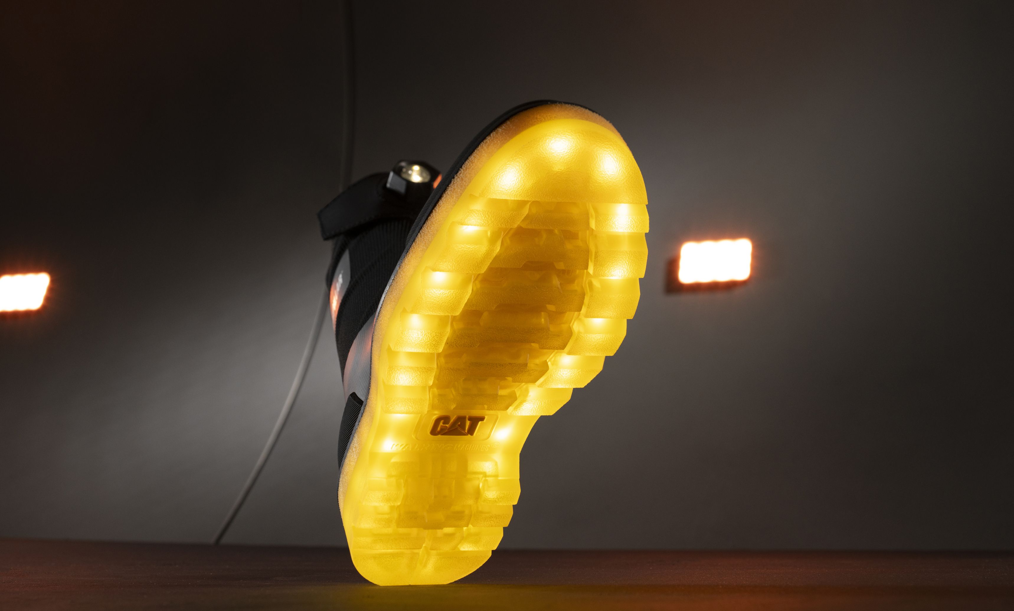 Close-up of the illuminated sole of a Channel Tunnel boot.