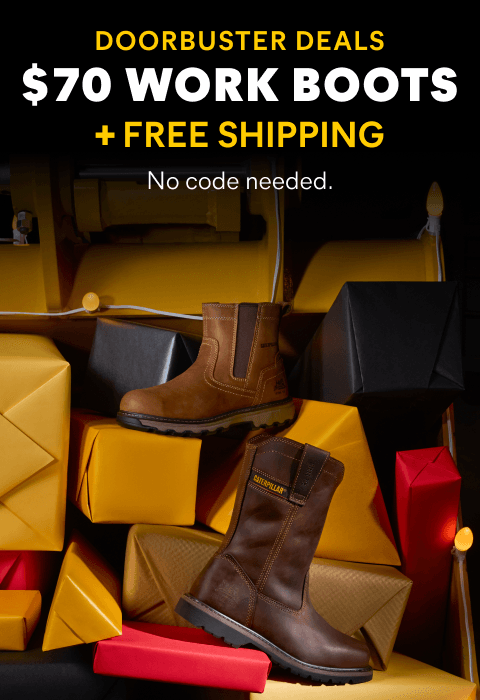 Brown boots on a pile of gifts, wrapped in yellow, black, and red paper.