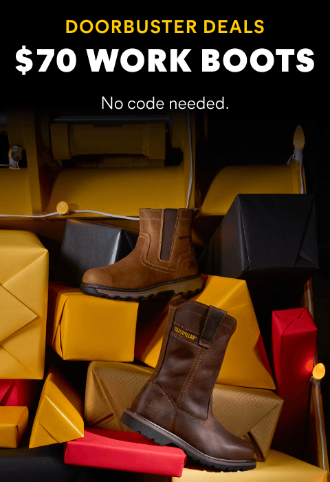 Brown boots on a pile of gifts, wrapped in yellow, black, and red paper.