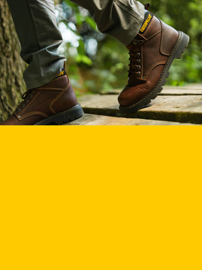 Closeup of person wearing Second Shift work boots.