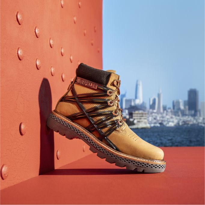 Boot on the Golden Gate bridge with San Francisco skyline in the background.
