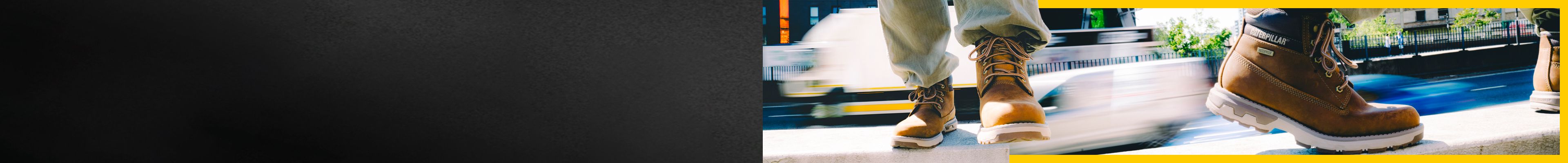Brown waterproof Pursue boots on a busy street.