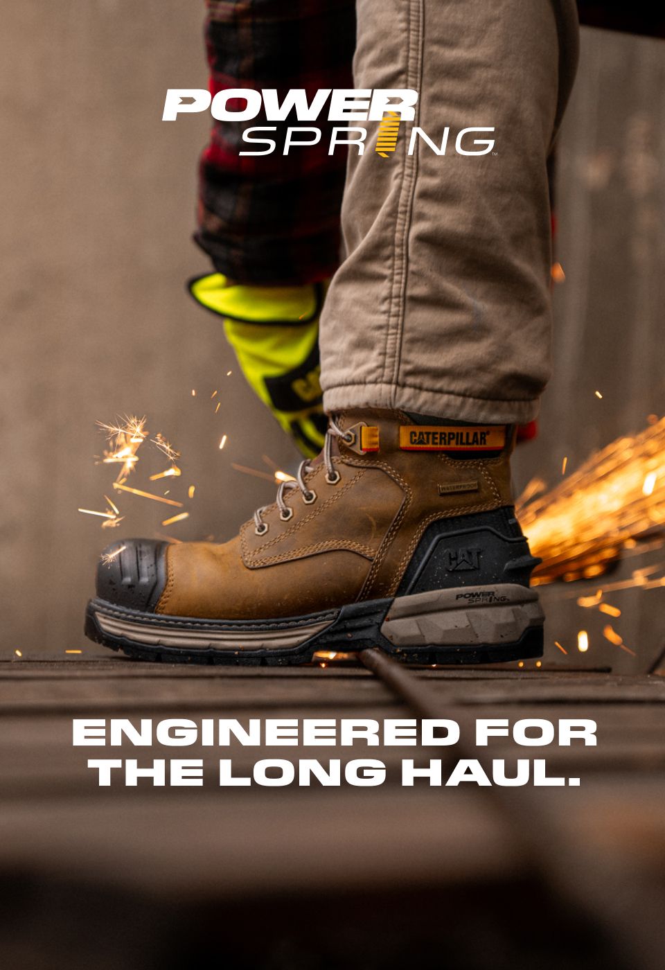 Brown boots being worn with sparks flying behind it.