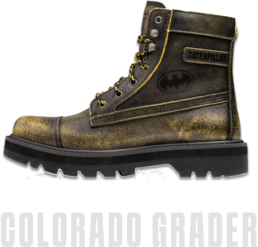 Close-up of green-black boots with Batman logo.