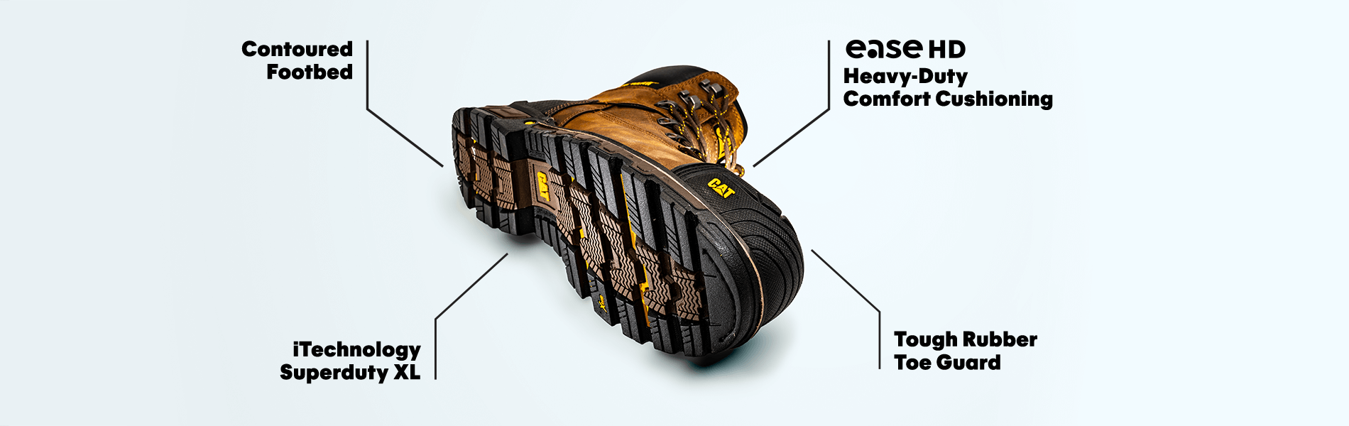 Contoured footbed, ease hd heavy-duty comfort cushioning, iTechnology superduty XL and tough rubber toe guard.