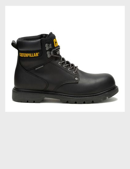Black Second Shift Waterproof boot with yellow Caterpillar logo.